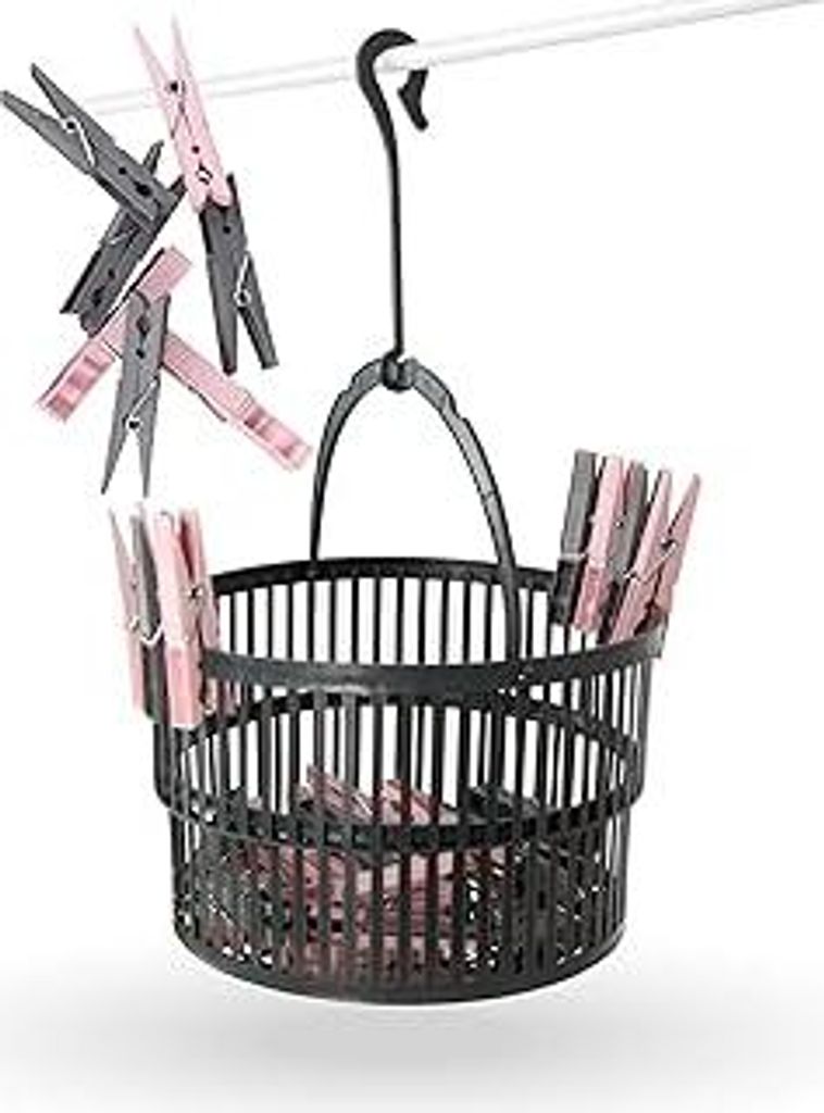 Pro Home Teleskopkorb in Anthrazit ( 7cm x 19cm ) mit 30 Wäscheklammern in Rosa + Anthrazit - für Wäscheleinen, Wäscheständer, Wäschespinnen