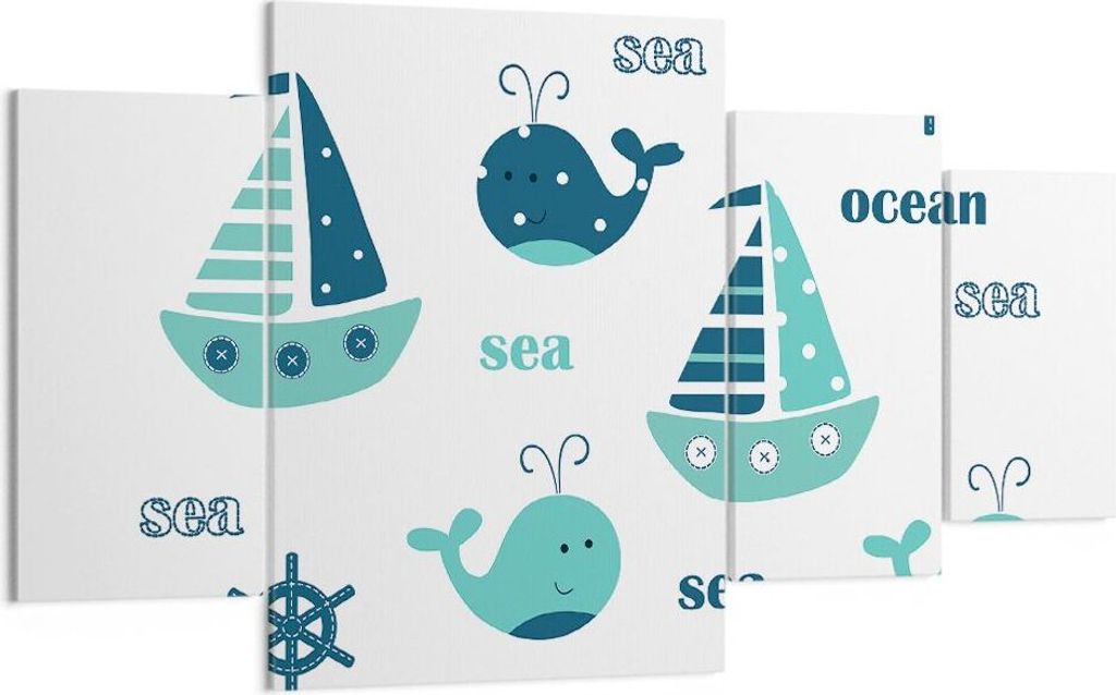 Bild auf Leinwand - Leinwandbild - Wale Schiffe Kinder Seesterne - 160x90cm - Wand Bild - Wanddeko - Leinwanddruck - Bilder - Kunstdruck - Wanddeko...