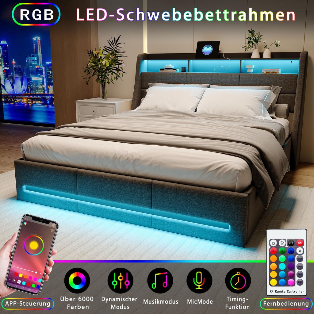 Łóżko tapicerowane INONEFT 160x200 cm z podświetleniem LED Zdjęcie produktu 