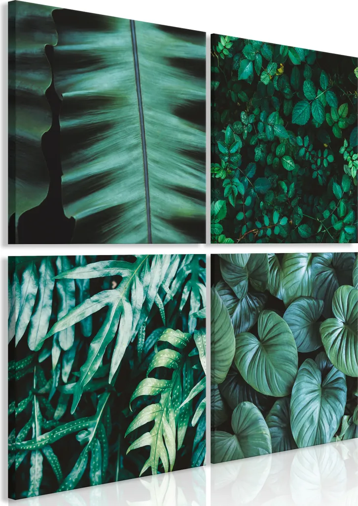 Quadro Su Tela Foglie Verdi 4 Pezzi - Profondità Botanica Relax