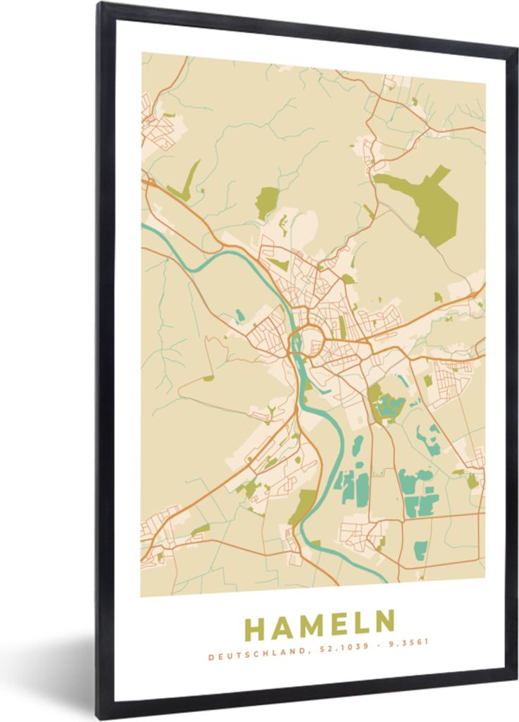 MuchoWow Gerahmtes Poster Vintage - Karte - Hameln - Stadtplan 20x30 cm - Poster mit Schwarzem Bilderrahmen Wandposter Rahmen Foto Bilder - Druck...