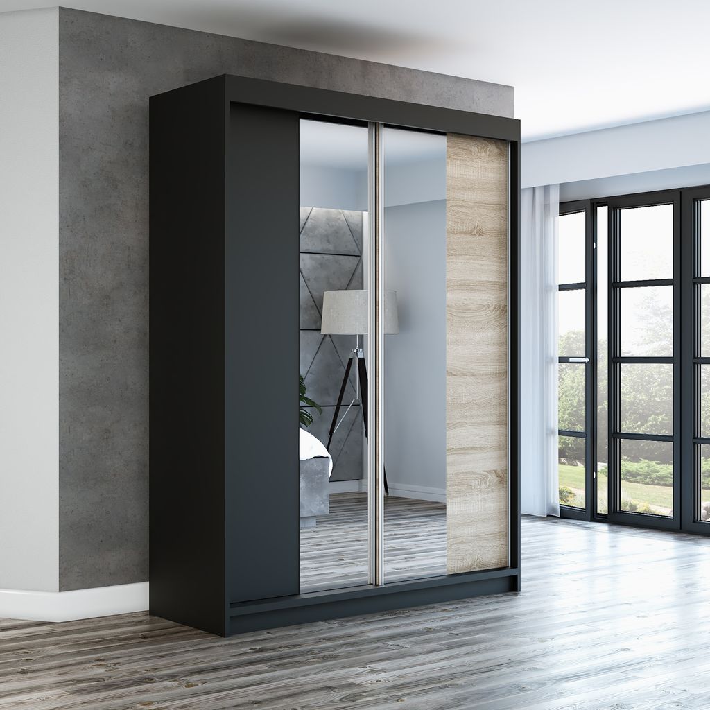 Schwebetürenschrank, 2-türig Schrank mit Spiegel! Moderne Garderobe für Kleidung. Verschiedene Farben (Weiß, Schwarz, Somona) Kleiderschrank NE...