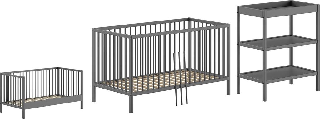 JAXX - DINO Baby-/Junior Set best. aus Baby/Juniorbett und Wickelregal, Buche massiv anthrazit lackiert