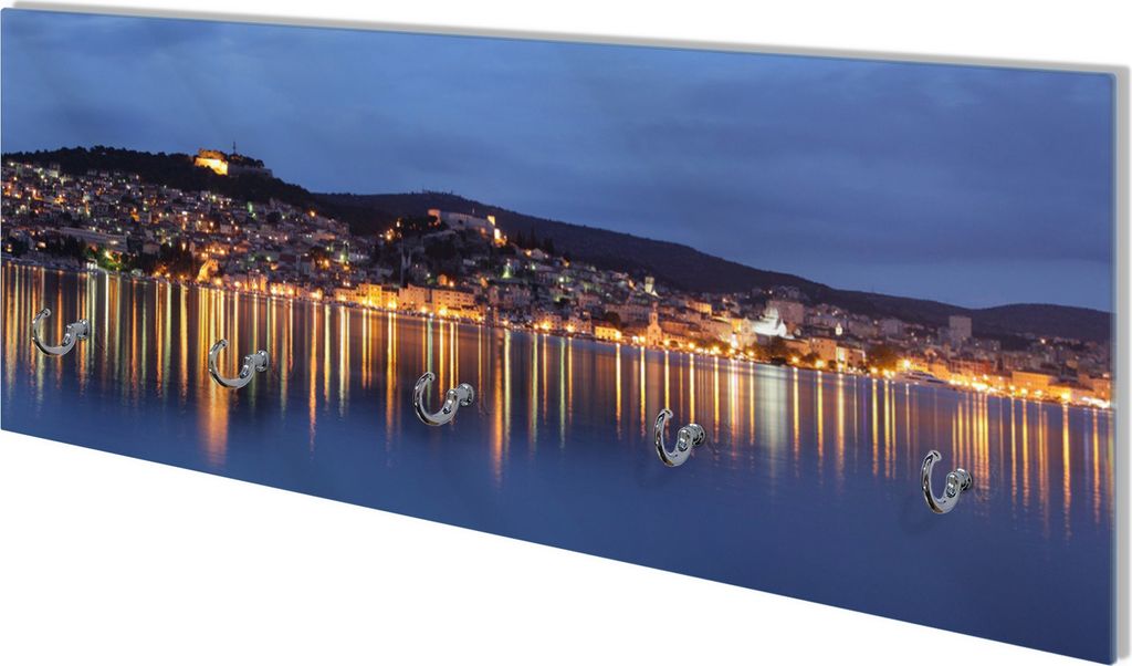 Wallario Flurgarderobe Wandgarderobe aus Glas, mit 5 Haken, Größe 80 x 30 cm, Motiv Stadt an der Adria bei Nacht