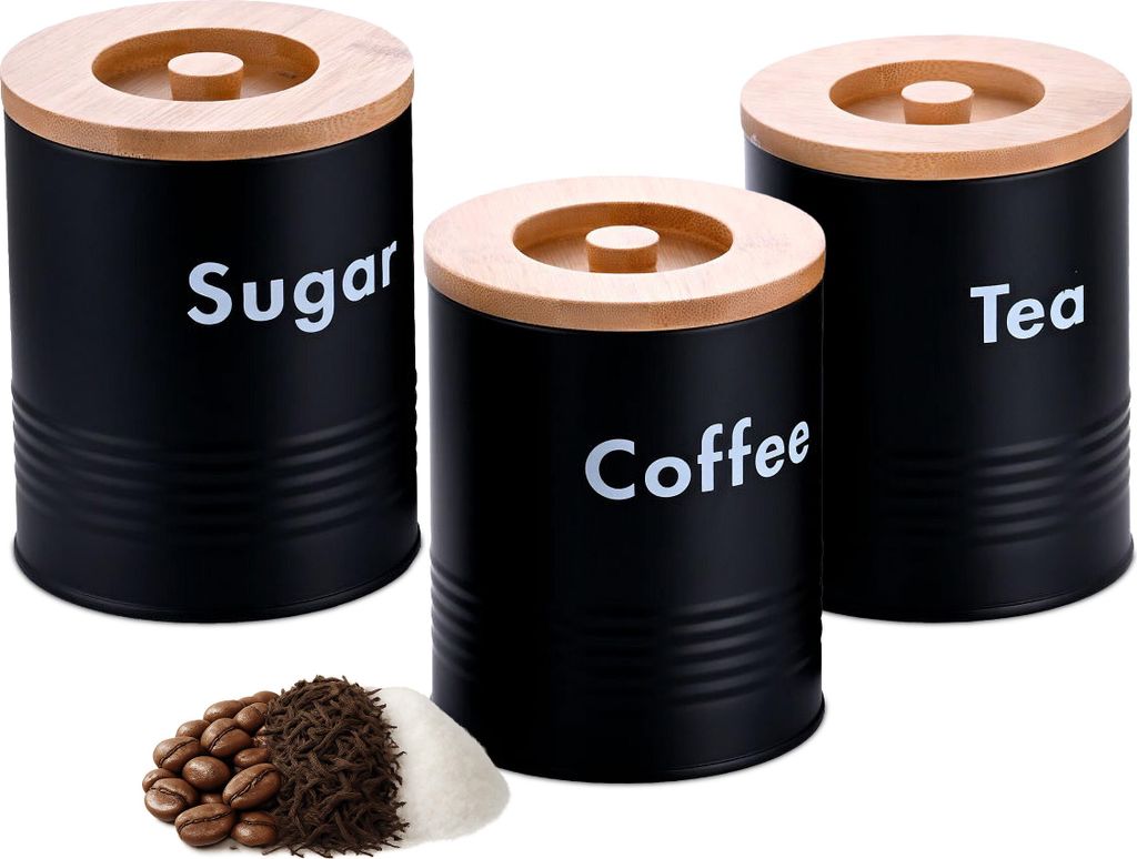 Relaxdays Vorratsdosen, 3er Set, für Kaffee, Tee, Zucker, Metall, Bambusdeckel, HxD: 14x11 cm, Küchendose, schwarz/natur