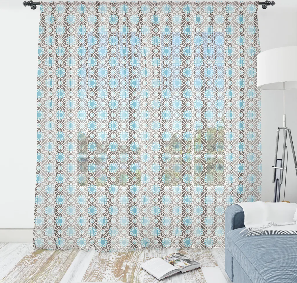 ABAKUHAUS Arazzo etnico, Mosaico tradizionale Effetti ottomani insieme Tema simmetrico orientale marocchino, Soggiorno Camera da letto Tessuto da parete in raso setoso, 240 cm x 274 cm, Marrone e blu azzurro