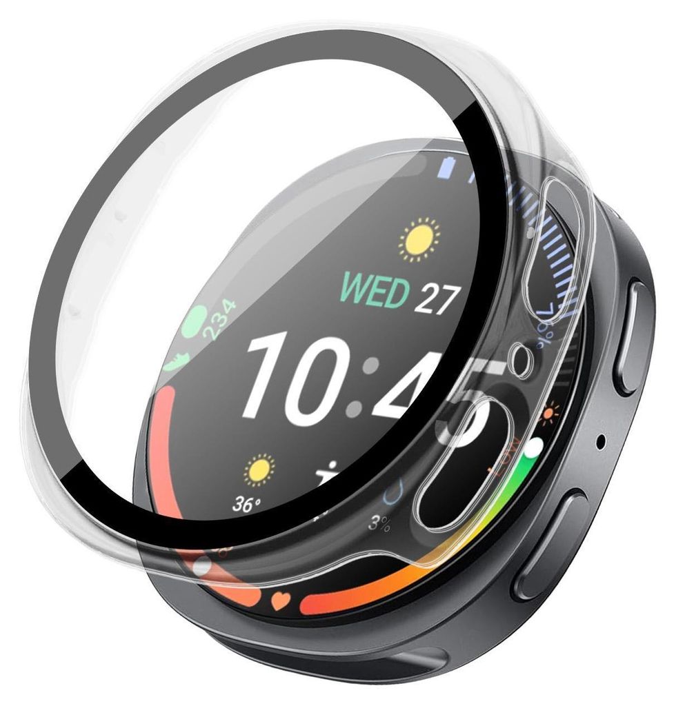 A transparent protective case is shown on a smartwatch.