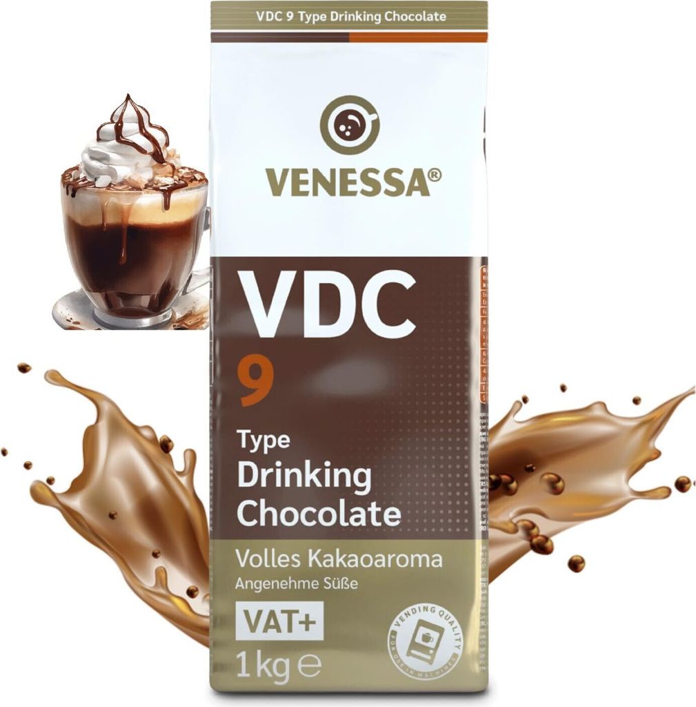 VENESSA VDC9 Kakaopulver 1kg - Trinkschokolade mit 9% Premium Kakao und Milchanteil - Leckere lösliche heiße Schokolade für Automaten und Vending