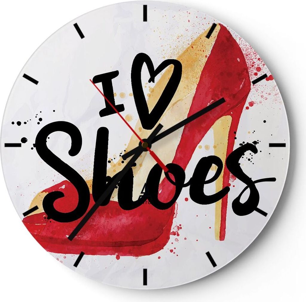 Wanduhr - Rund - Glasuhr - Schuh Ferse Frau Mode - 30x30cm - Schleichendes Uhrwerk - Lautlos - zum Aufhängen bereit - Dekoration Modern - Wanddeko...