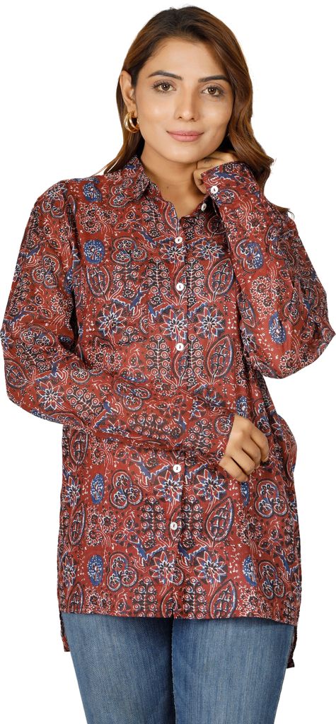 Handbedrucktes Boho Langarmhemd, Luftiges Uni Hemd - Rostrot, Damen, Baumwolle, Größe: M