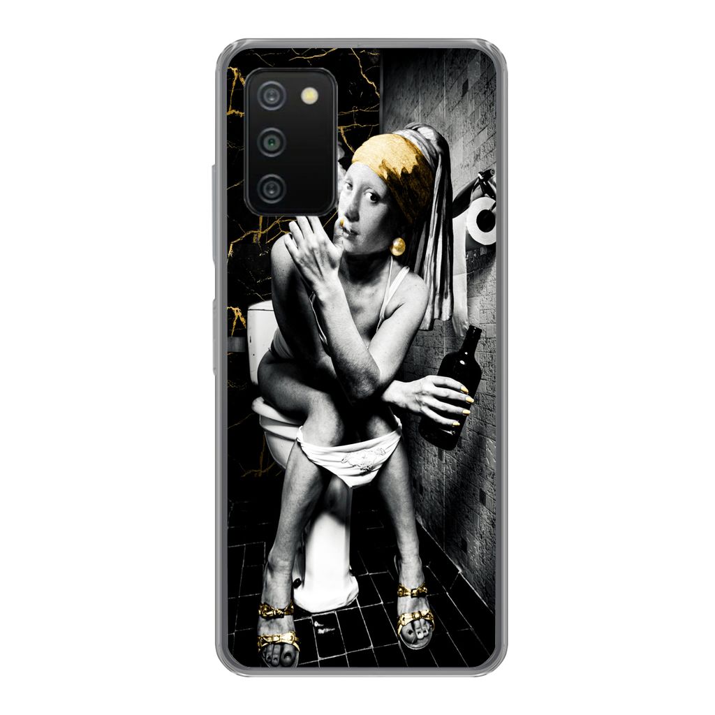 MuchoWow Handyhülle Schutzhülle Hülle für Samsung Galaxy A03s Marmoroptik - Mädchen mit Perlenohrring - Zigaretten - Toilette - Gold - Kunst...