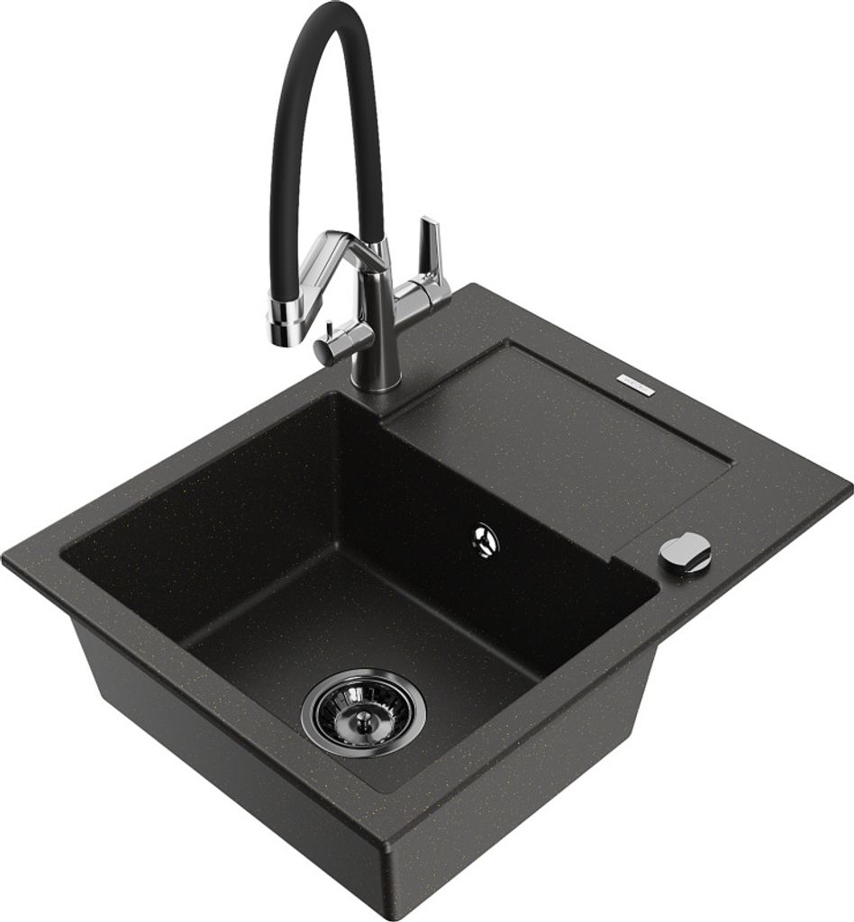 Mexen Enzo 1 Becken-Granitspüle mit Abtropffläche und Mischbatterie Duo, Schwarz/Gold metallisch - 6506-75-671701-07-B