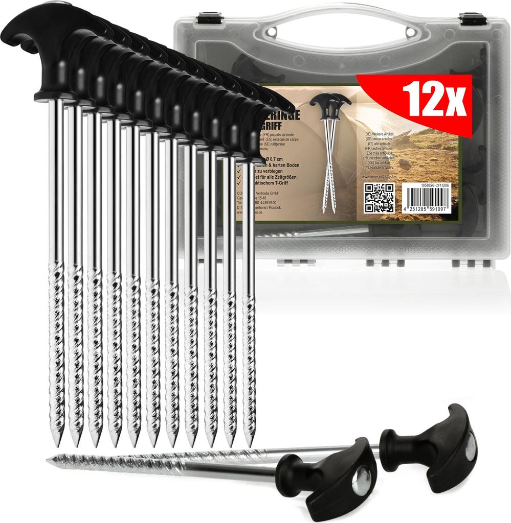 com-four 12x Zelt-Heringe aus Stahl - robuste Erdnägel mit Gewinde in Transportbox für Camping und Outdoor - ideal für normalen und harten Bod...