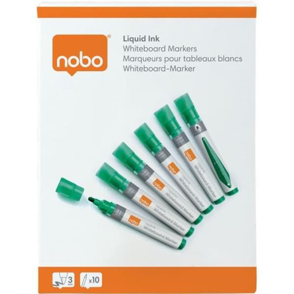 Nobo Schachtel mit 10 Whiteboard-Markern - runde Spitze 3mm - flüssige Tinte - Tintenstand - Farbe grün