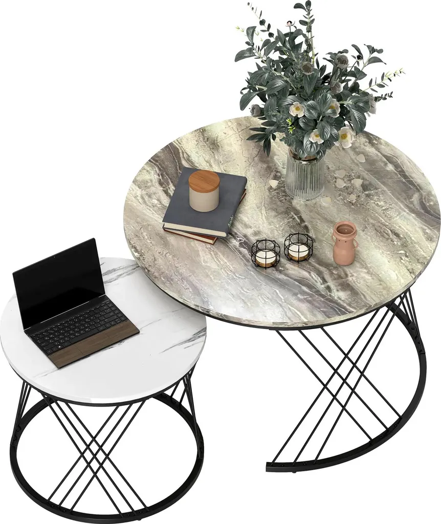 Tables basses rondes gigognes modulables en bois et effet marbre