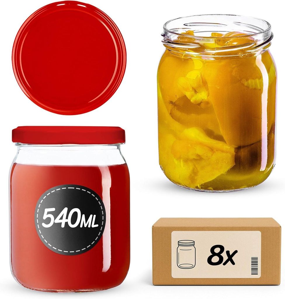 KADAX Einmachgläser mit Deckel "Senna", Marmeladengläser, Einweckgläser, 540 ml, Rot, 8 Stück