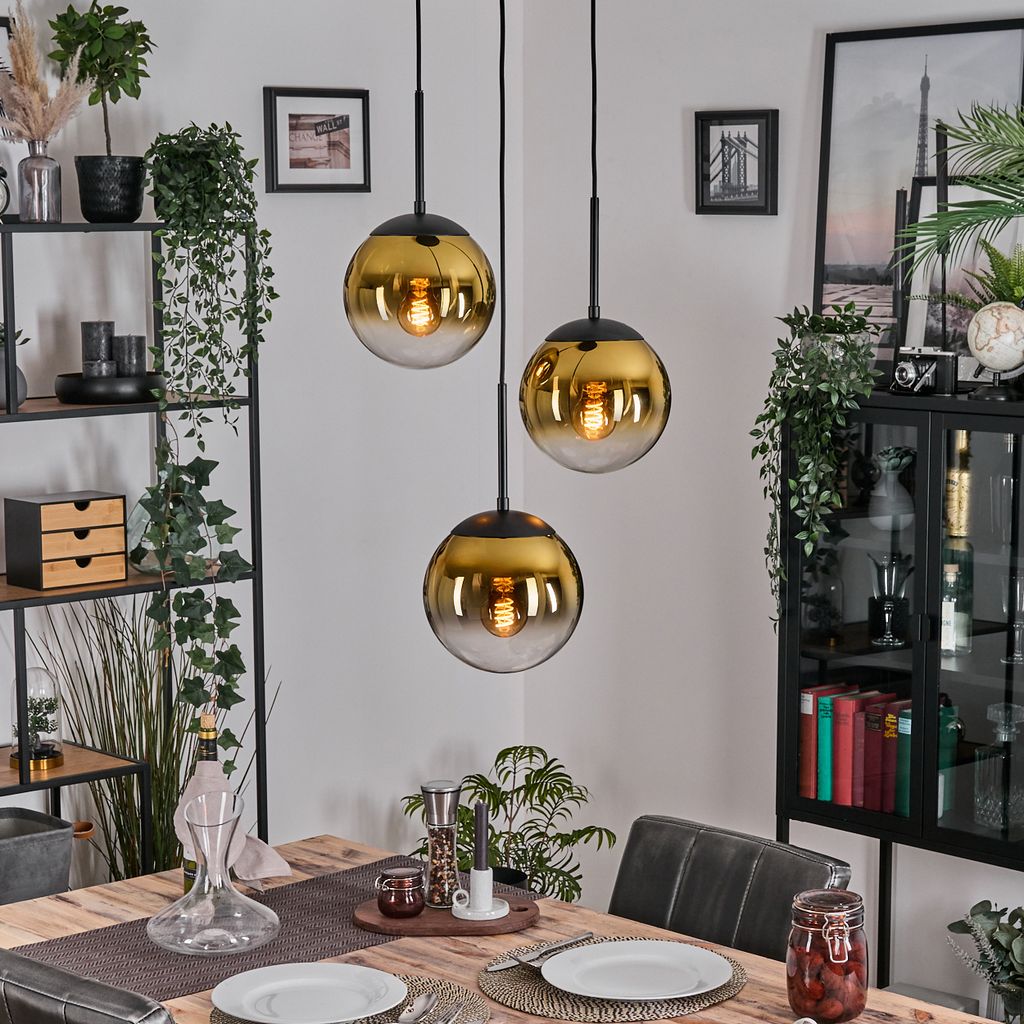 Fossobiubo moderne Hängelampe aus Metall/Glas in Schwarz/Goldfarben/Klar