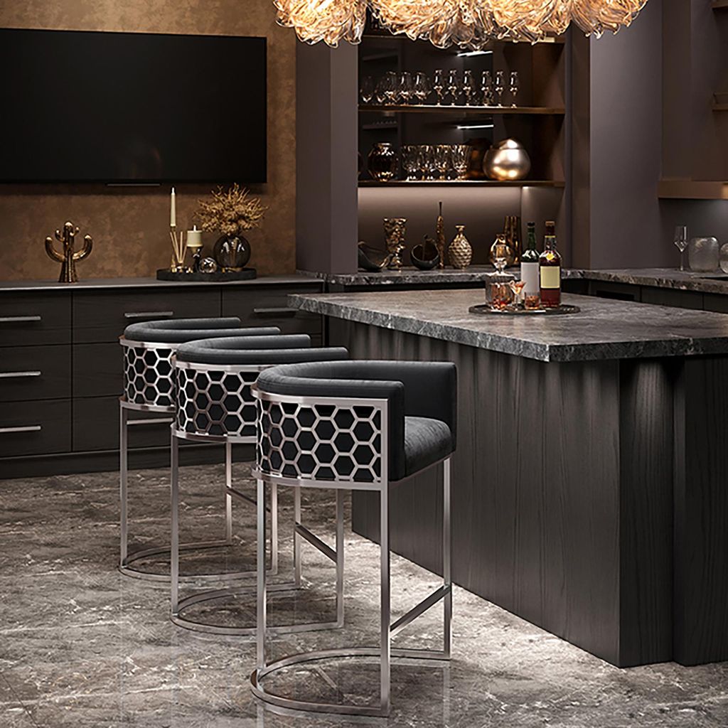 riess-ambiente Stilvoller Barhocker ELEGANCE grau Samt silber Edelstahl mit Armlehne und Fußablage Barstuhl Hocker Tresenhocker Tresenstuhl