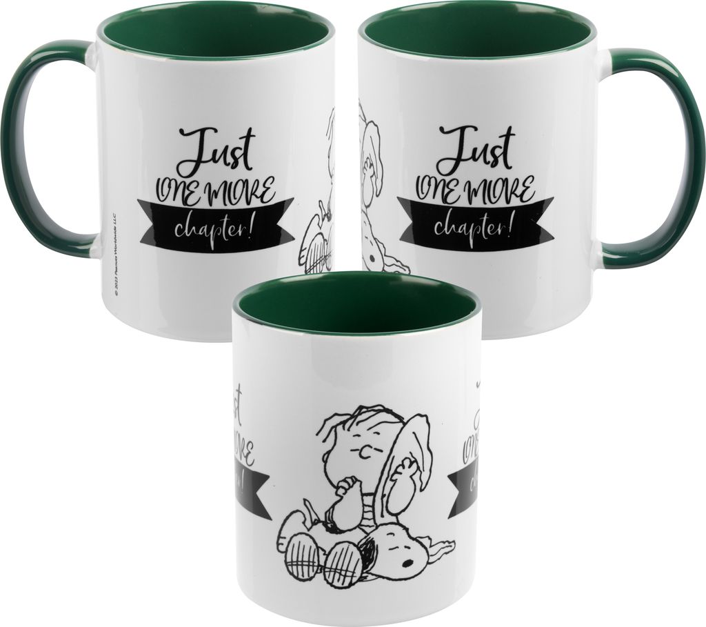 The Peanuts Tasse Snoopy - Just one more chapter! Kaffeetasse Becher Kaffeebecher aus Keramik Grün Weiß 320 ml