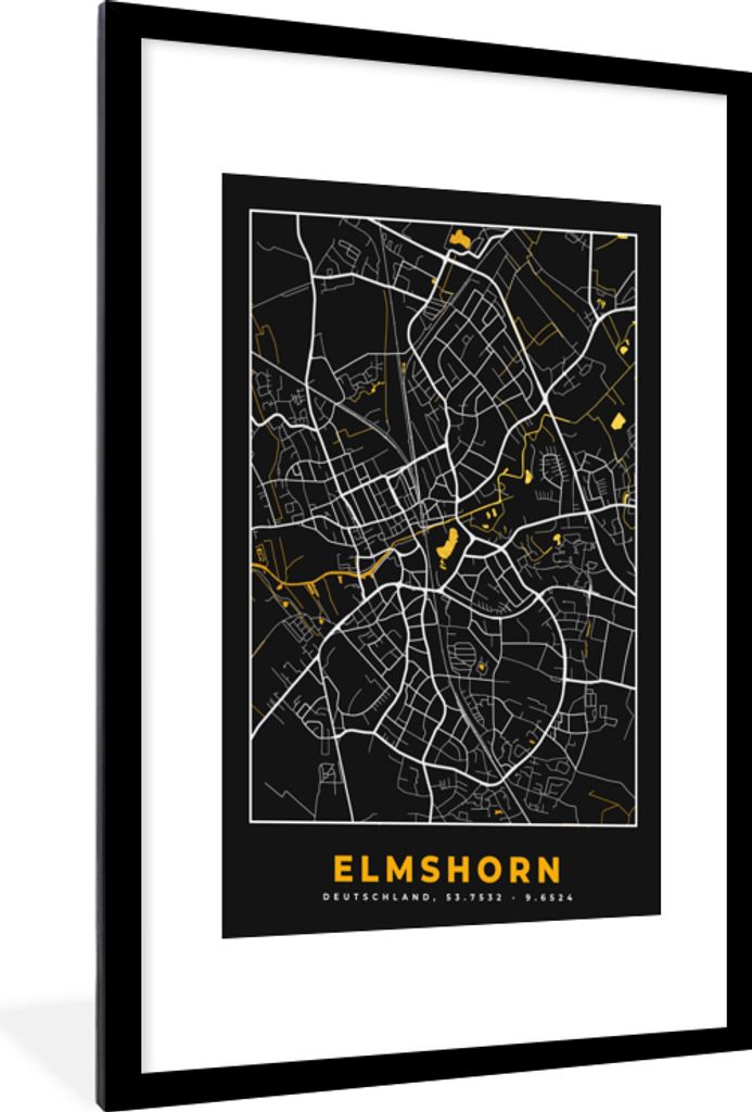 MuchoWow Gerahmtes Poster Deutschland - Schwarz und Gold - Elmshorn - Stadtplan - Karte 60x90 cm - Poster mit Schwarzem Bilderrahmen Wandposter R...