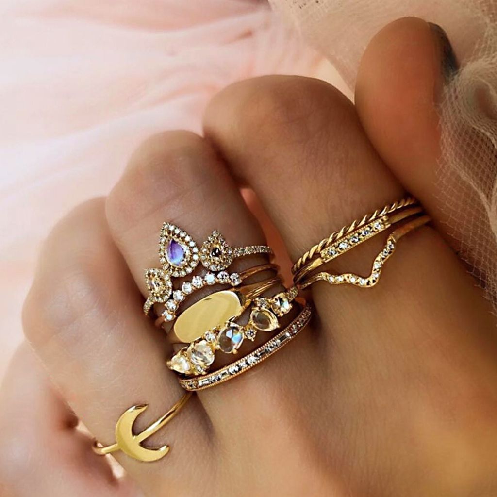 9 Teile/satz Böhmischen Frauen Mond Krone Strass Knuckle Midi Finger Ring Schmuck