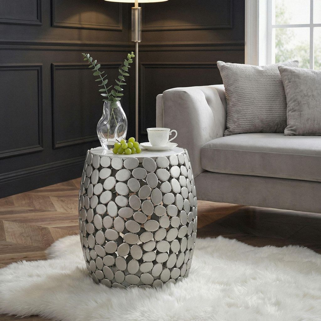 FineBuy Design Beistelltisch rund 40cm aus Aluminium silber & weißer Marmor Tischplatte – Couchtisch Alu – Metall Wohnzimmertisch Dekotisch Ha...