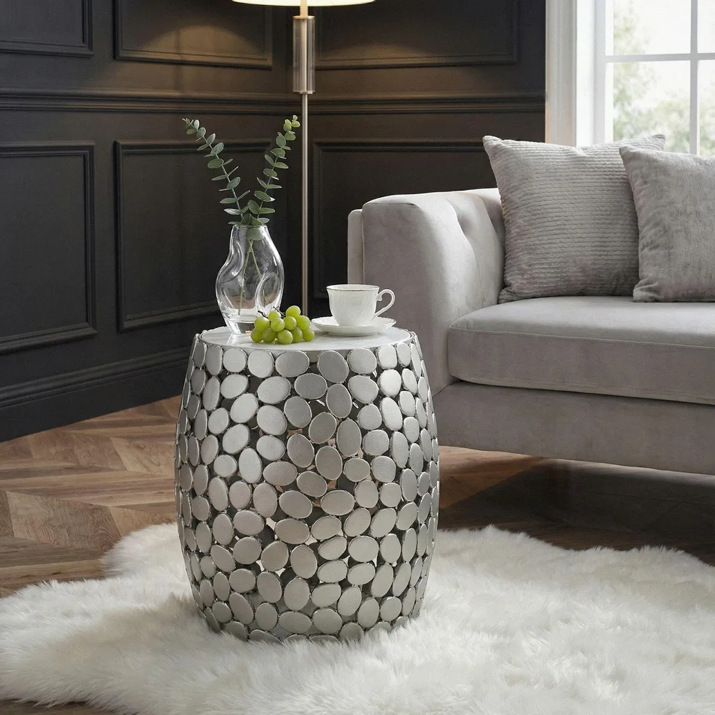 Tavolino Rotondo 40cm Marmo Bianco e Alluminio Argento FineBuy