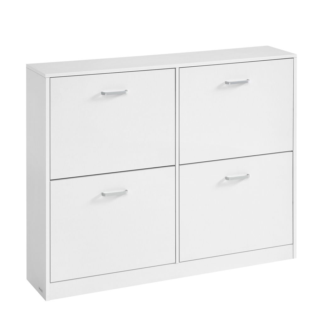 A white shoe cabinet with four flip-down doors and silver handles, shown against a white background.
