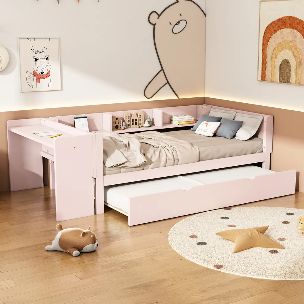 Fortuna Lai Lit enfant 90x200 avec lit gigogne et bureau intégré Rose