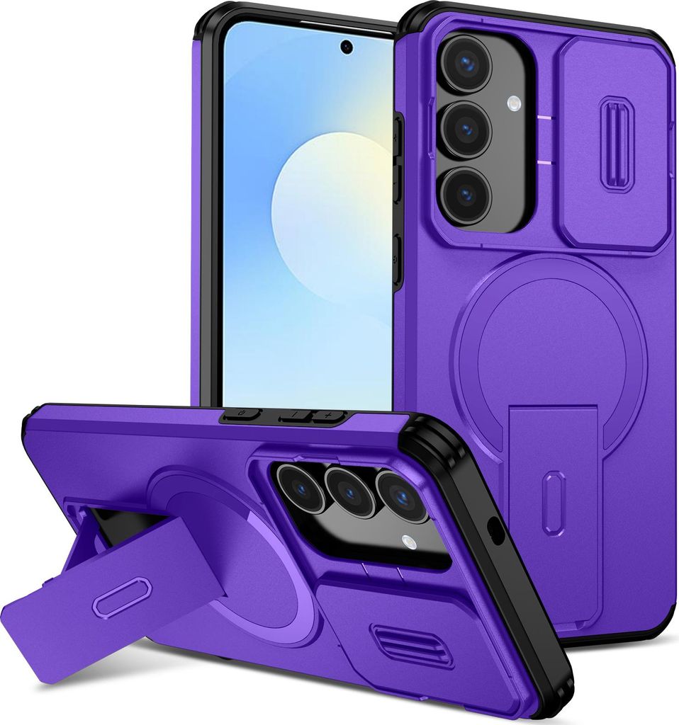 Magnetisch Hülle für Samsung Galaxy S25 FE, Dual Layer Stoßfest Handyhülle mit Dia Kameraschutz, Verstellbarem Ständer Lila