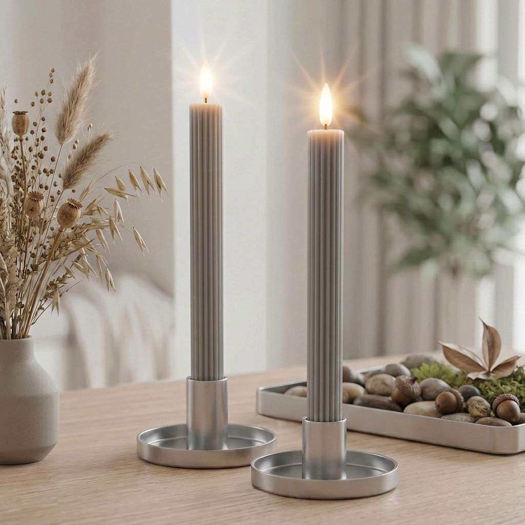 LED Stabkerzen Echtwachs grau, taupe 2 Stück, Timer & Produktbild 