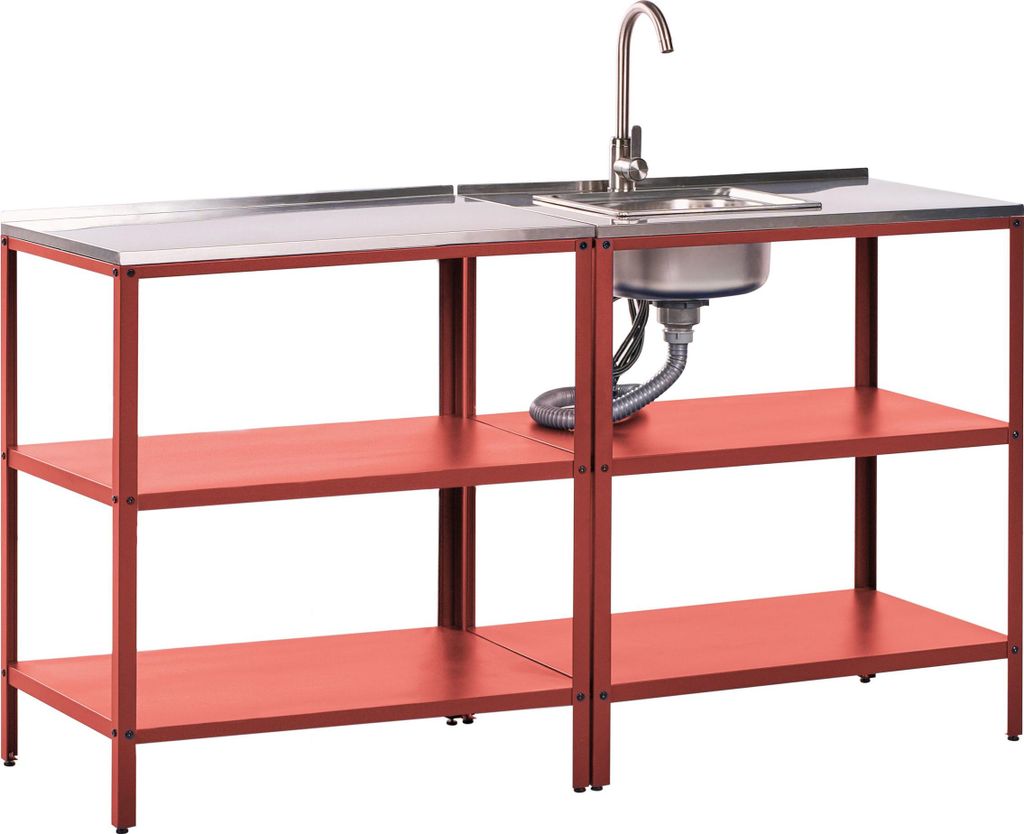 BELIANI Outdoor-Kücheninsel Rot Stahl 2er Set mit Spüle Edelstahlplatte Modern für Garten Draußen Ausstattung Outdoor-Küchenmöbel Gartenküche