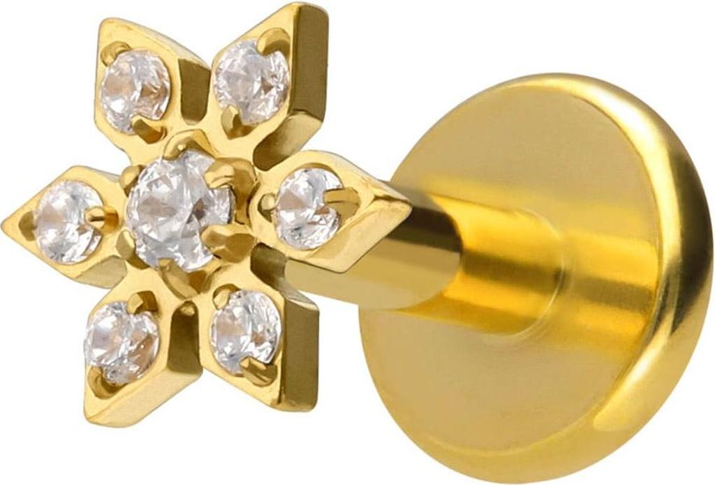Ohrpiercing, Nasenpiercing Titan Labret mit Innengewinde KRISTALLBLUME Gold Stablänge: 8mm | Stabstärke: 1,2mm