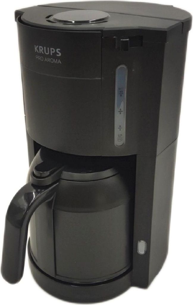 A black Krups ProAroma filter coffee machine is shown against a white background.