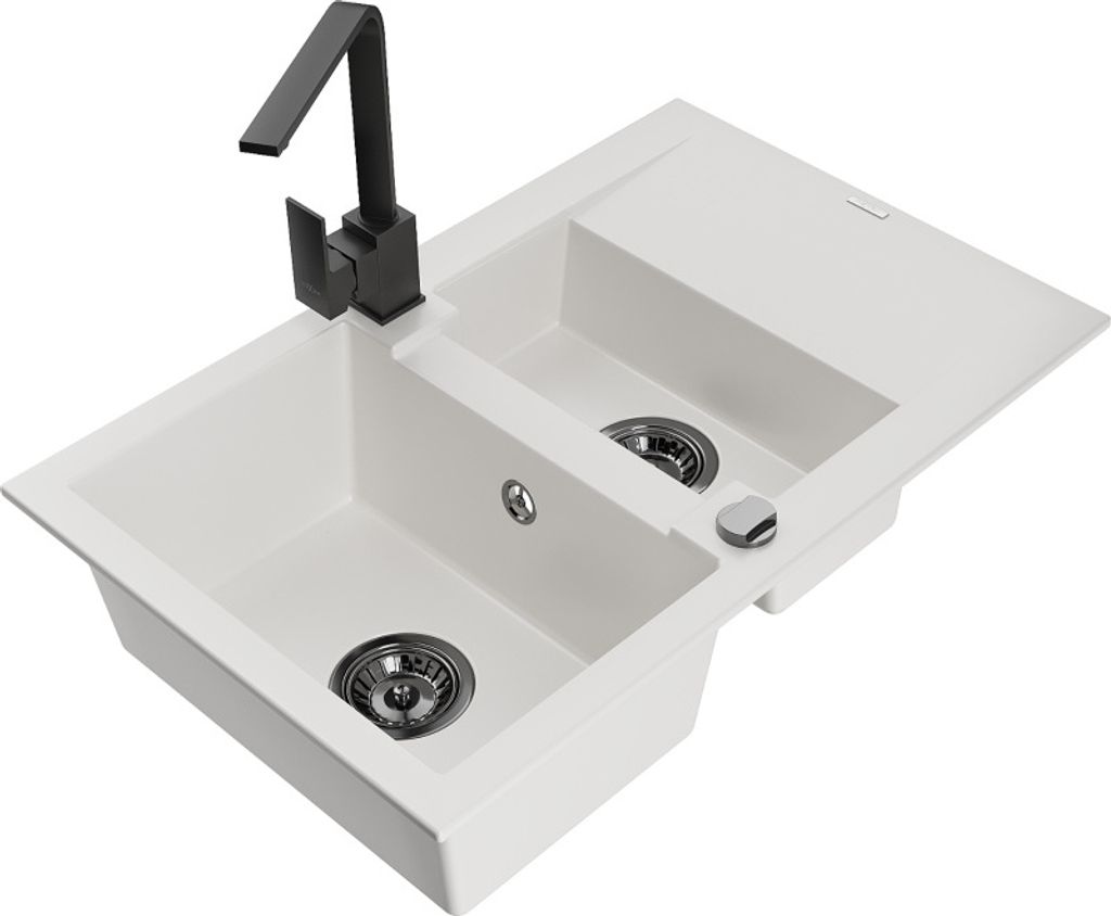 Mexen Gaspar 1,5-Becken-Granitspüle mit Abtropffläche und Mischbatterie Rita, Weiß - 6507-20-670300-70