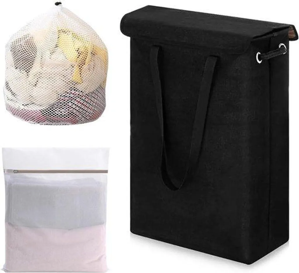 Petit panier à linge de 45L pliable noir gain de place avec couvercle