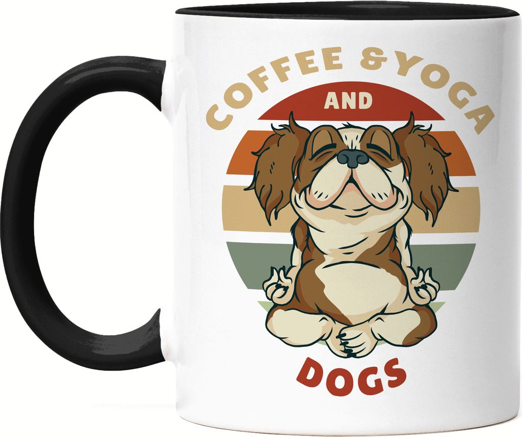 Coffee, Yoga & Dogs Tasse Schwarz Büro Meditation Yoga Süßer Hund Geschenkidee Yoga-Studio Mental Health
