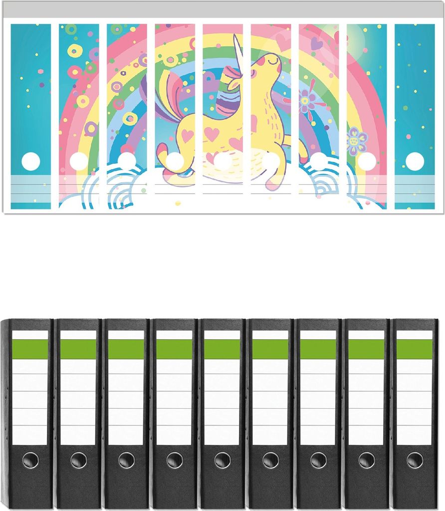 Wallario 9 Stück breite Ordner inkl. Klebeetiketten mit Motive Lustiges Einhorn auf einer Wolke vor Regenbogen - Set mit Rückenschildern / Ordne...
