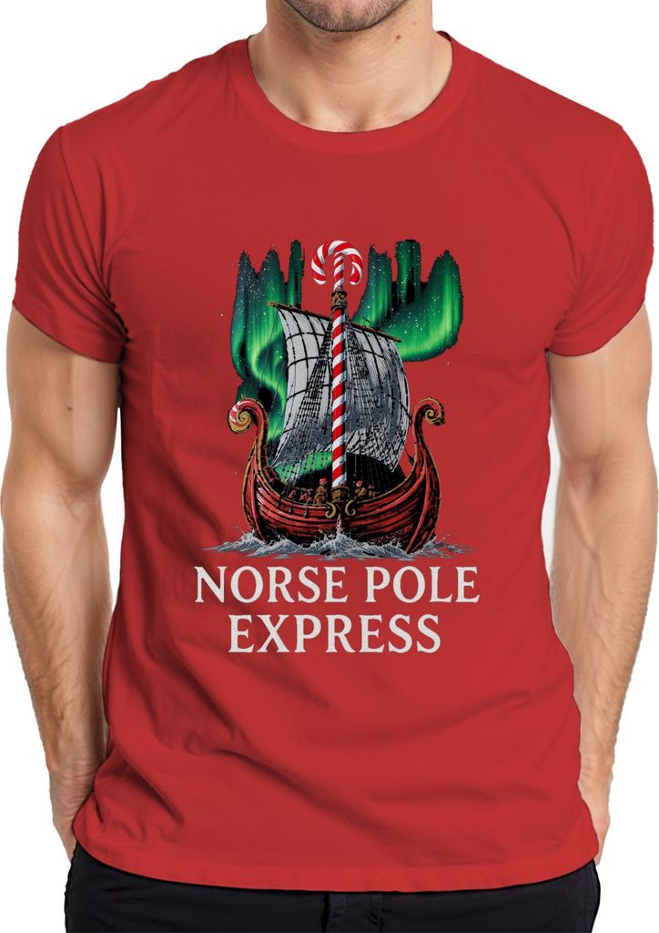 Norse Pole Express Weihnachtsgeschenk Wikinger Nordlicht lustig Herren T-Shirt, Rot, M