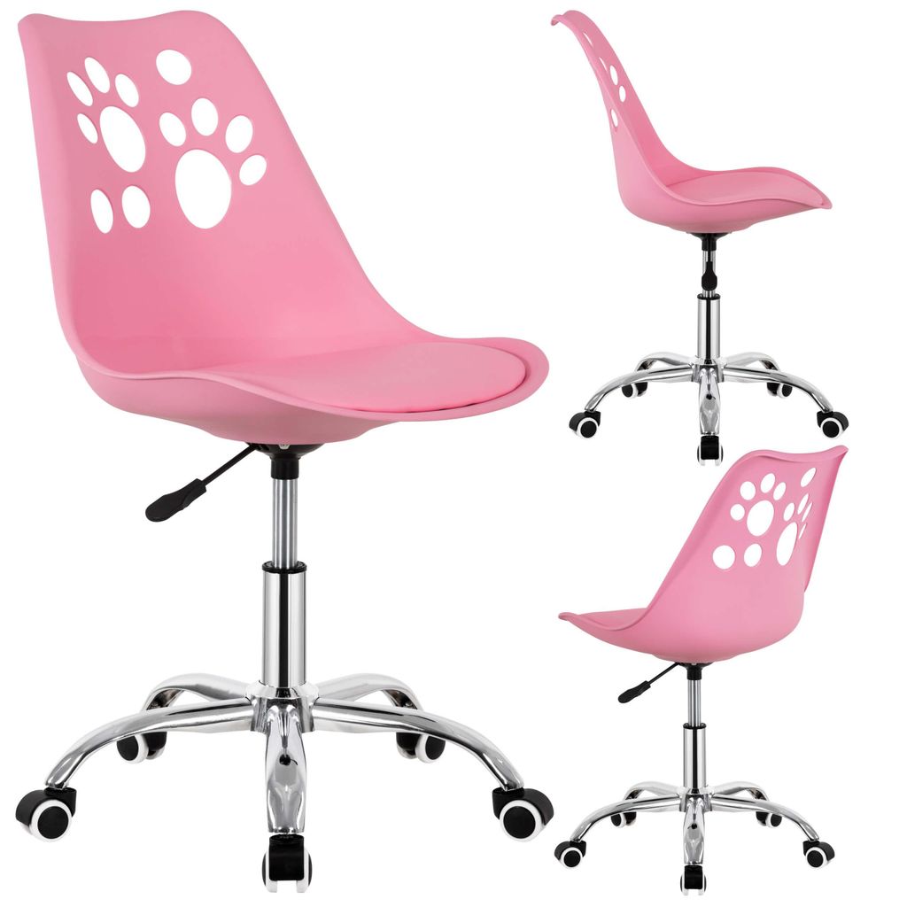 Collage of pink office chairs with paw print cutouts.