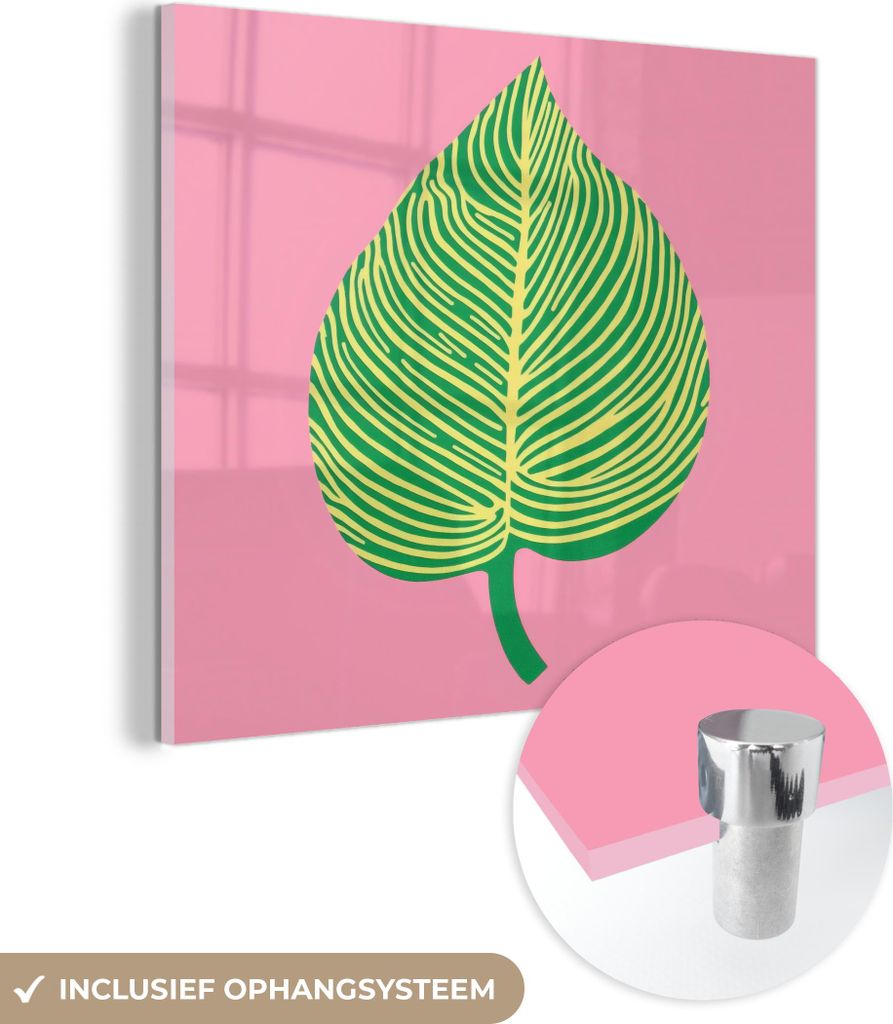 MuchoWow Glasbilder - Bilder auf Wandbild - Foto auf Glas Illustration - Blatt - Minimalistisch - Grün 40x40 cm Wanddekoration aus Glas - Acrylgla...