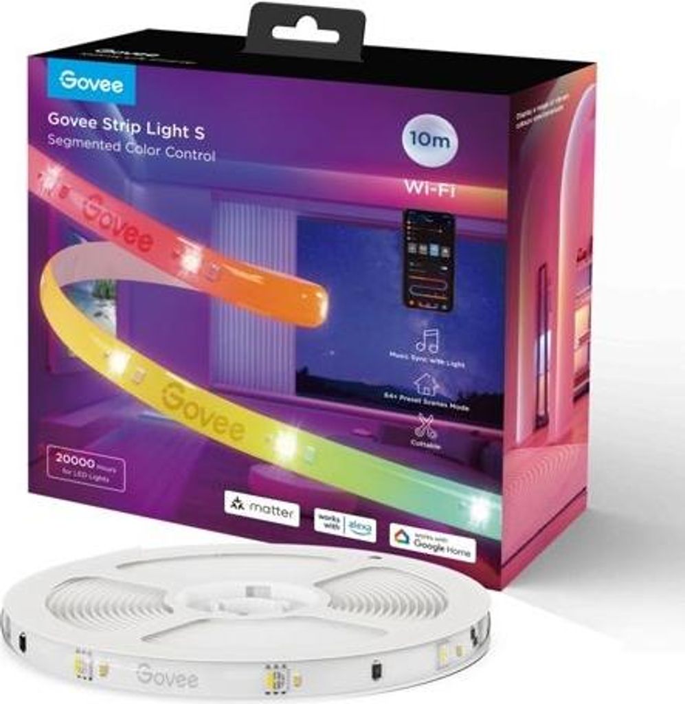 A product box for Govee LED strip lights, with a spool of the lights in the foreground.
