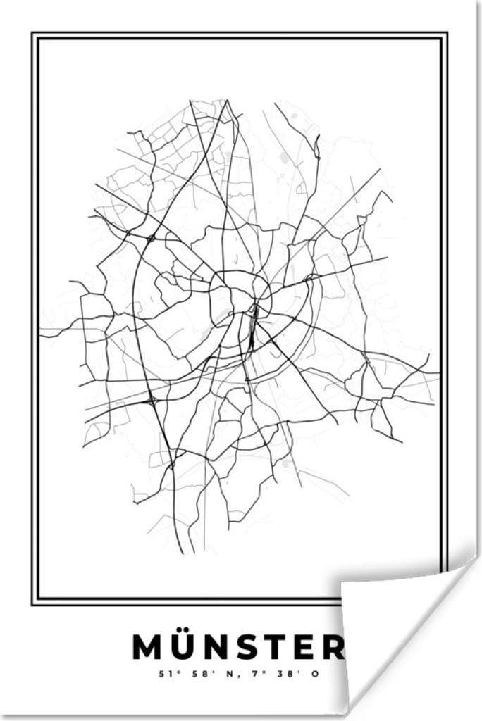 MuchoWow Poster Karte - Münster - Schwarz-Weiß - Stadtplan 40x60 cm - Plakate für die Wand - Poster Babyzimmer