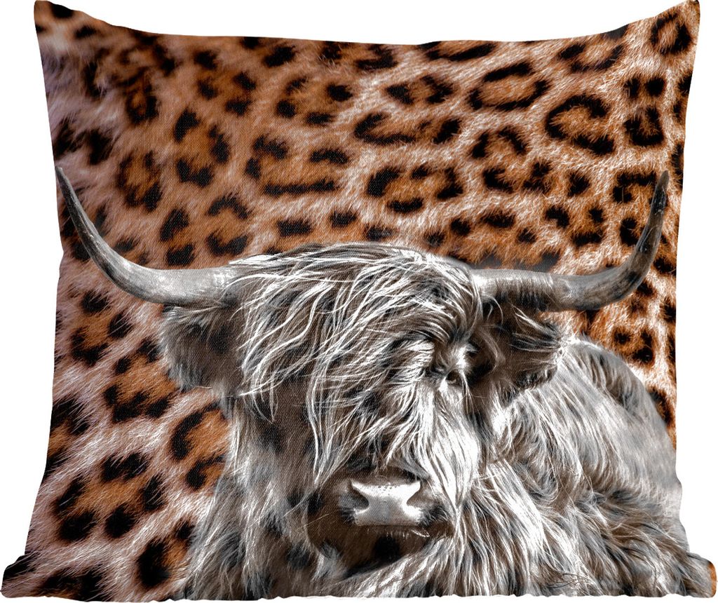 MuchoWow Zierkissen Sofakissen Wohnzimmer Dekokissen 45x45 cm Schottisches Hochlandrind - Kuh - Pantherdruck - Schlafpolster - Polster für das Sofa
