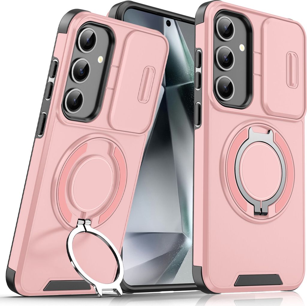 Handyhülle für Samsung Galaxy S25+ Dual-Layer Stoßfest Militär Hülle mit Dia Kameraschutz und Magnetisch Ring Ständer Pink