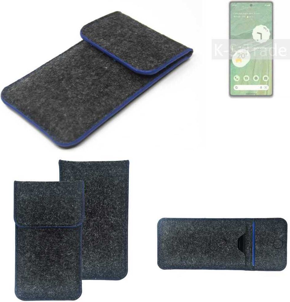 K-S-Trade Handy-Hülle Schutz-Hülle kompatibel mit Google Pixel 7 Filztasche Pouch Tasche Case Sleeve Filzhülle dunkelgrau, blauer Rand