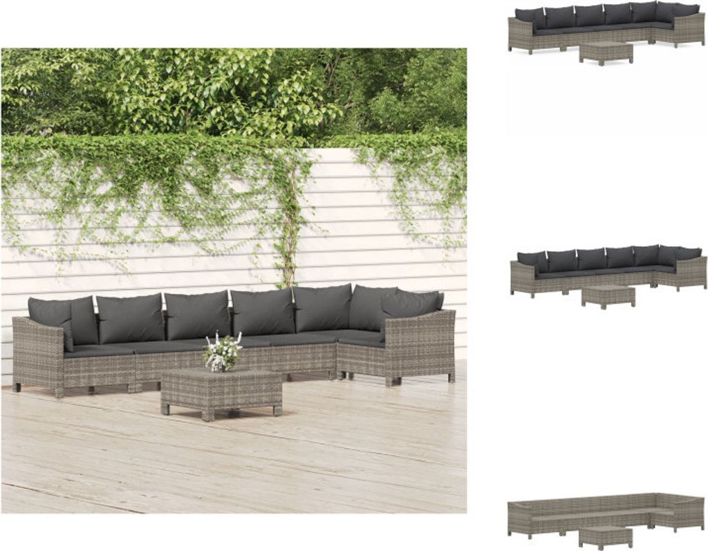 vidaXL 7-tlg. Garten-Lounge-Set mit Kissen Grau Poly Rattan - Gartenmöbel-Sets