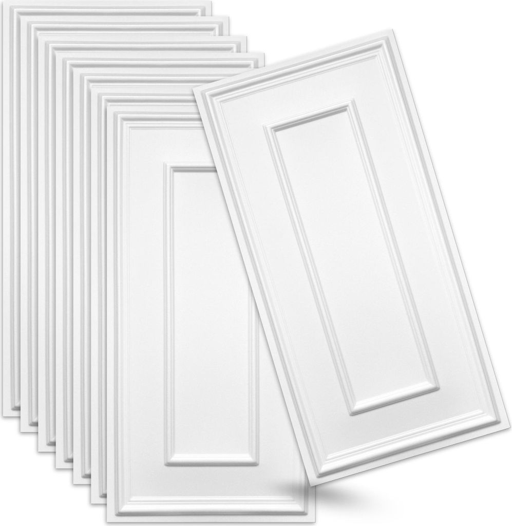 A stack of white 3D wall panels with a decorative embossed pattern.