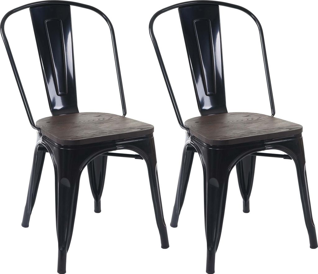 2er-Set Stuhl inkl. Holz-Sitzfläche | HxBxT 85x45x52cm | Sitzhöhe 44cm | Metall Industriedesign stapelbar | Schwarz | Bistrostuhl Stapelstuhl