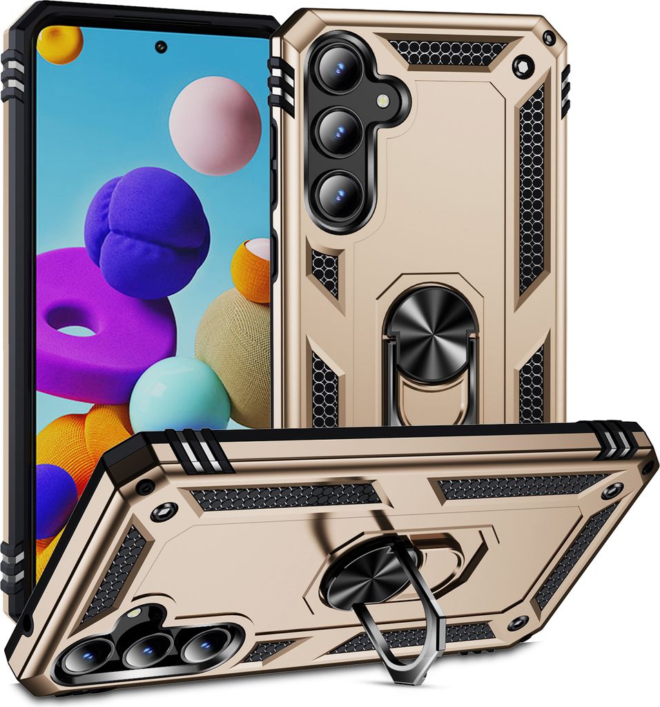 Schutzhülle für Samsung Galaxy A35 Dual Layer Robust Militäre Fallschutz Hülle mit Ringhalterung Ständer Gold